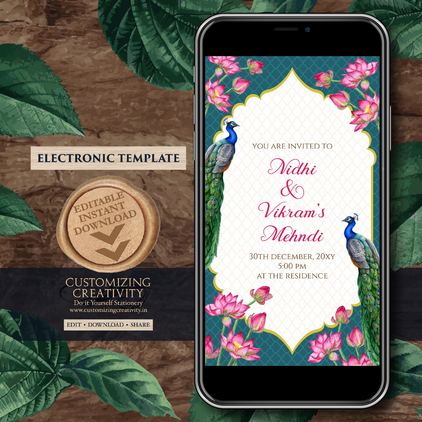 Digital Mehndi invite Dholki invitation, Mehendi invitation & Digital Mehndi invitation, Mendhi Night invite as Dholki invites Mehndi cards