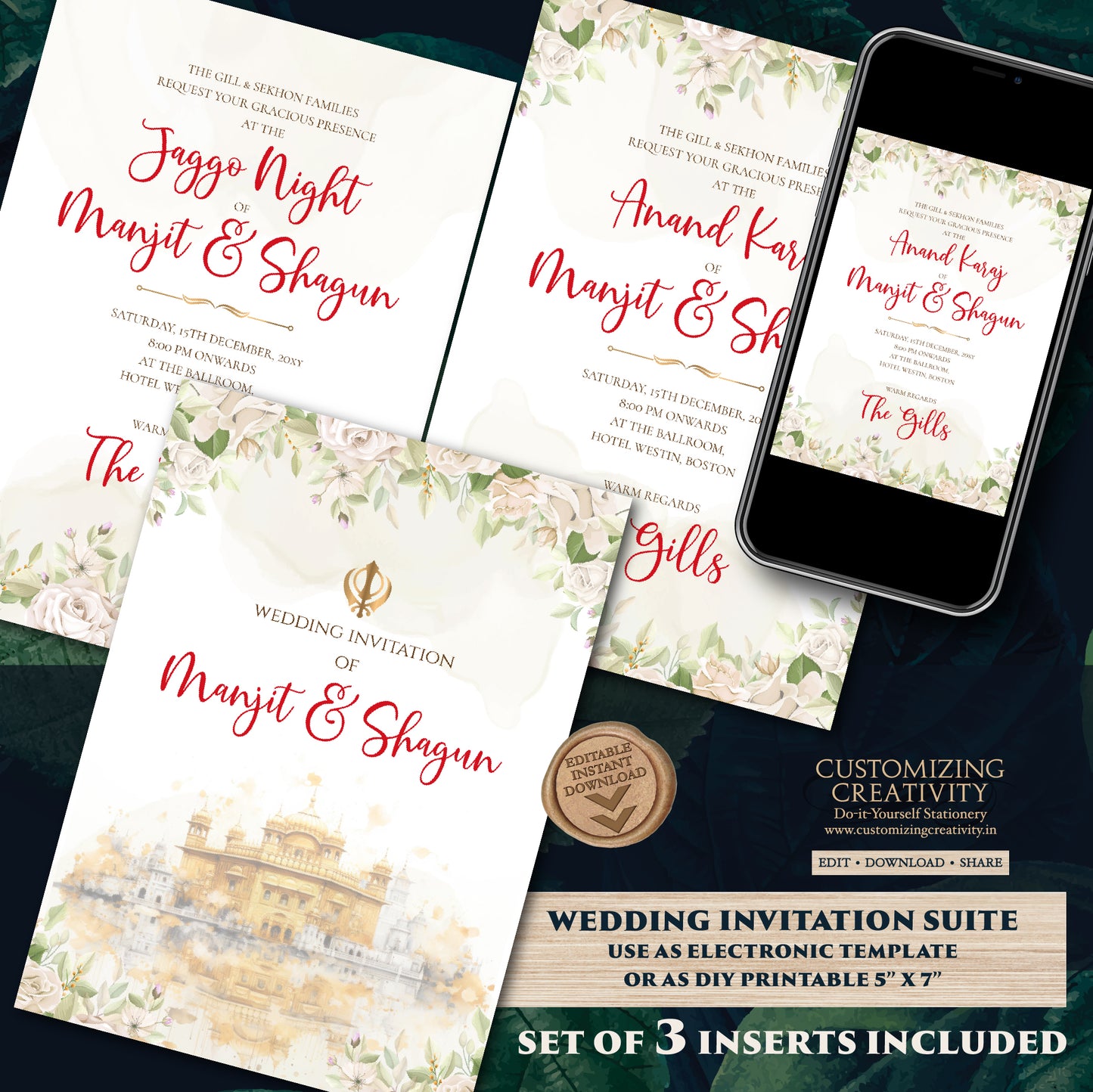 Digital Punjabi wedding invitation Sikh Shaadi card, Punjabi Wedding card & Sikh Wedding invitation, Indian wedding Anand Karaj invitation