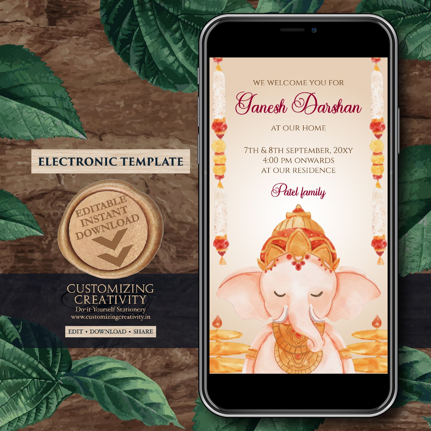 Ganesh Chaturthi card Digital Ganpati invites Ganesh invitations, Ganpati darshan invitation card Ganesh pooja invite as Ganpati invitations
