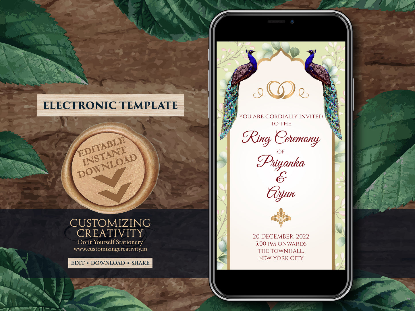 Electronic Engagement invitation Peacock as Ring Ceremony cards Digital, Digital Ring Ceremony invites & Indian Engagement cards Peacock