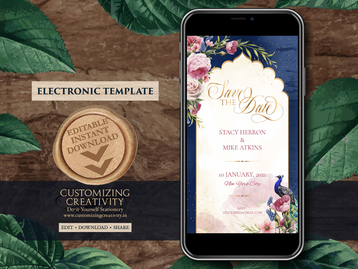 Indian Save the date Navy Wedding, Digital Blue Save the date template Peacock & Navy Save the date, Peacock Save the date Navy Blue Hindu