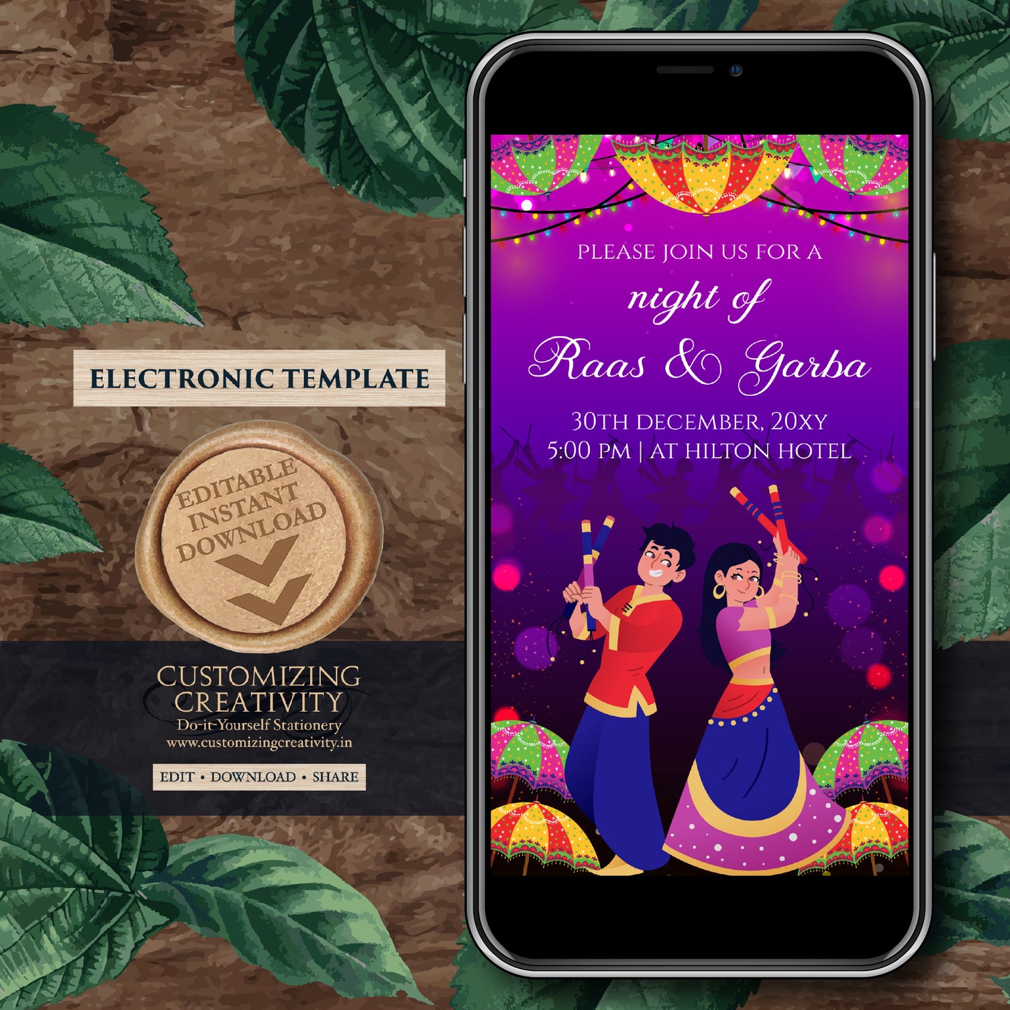 Digital Raas Garba invitations Digital Navratri invites, Raas Garba night invites Digital Dandiya invitation, Wedding Dandiya night invite