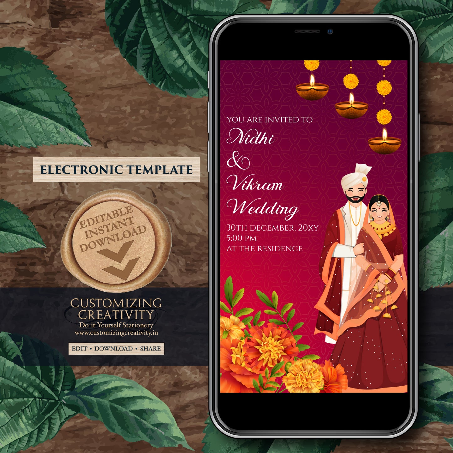 Digital Indian Wedding card Hindu Wedding invite, Hindu invitation as Hindu wedding cards, Indian Wedding invitation & Indian wedding invite