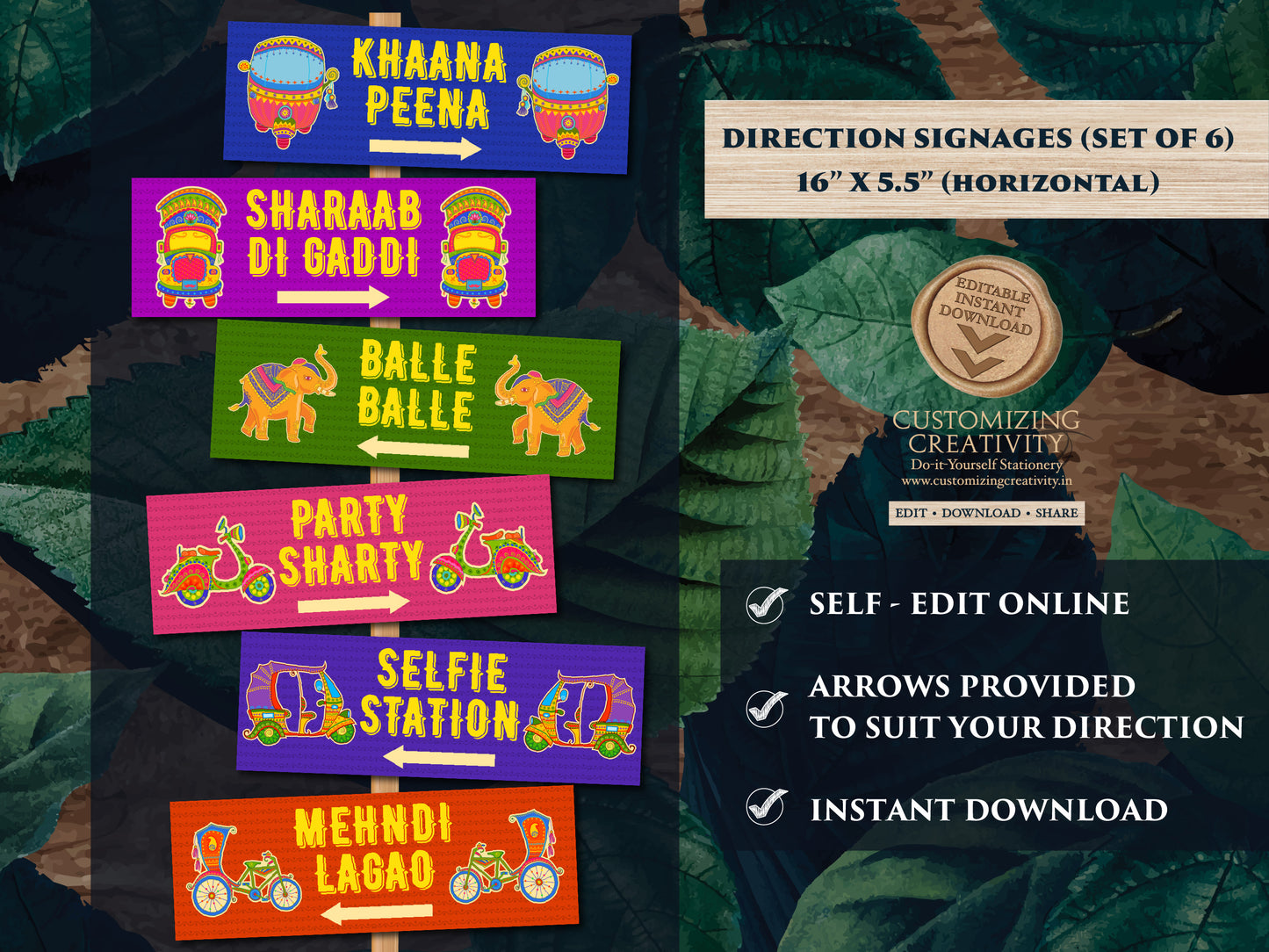 Colorful Mehndi Signs as Quirky Welcome Signages Indian, Fun Direction Signs & Indian Wedding signs Truck art, Desi wedding decor Punjabi