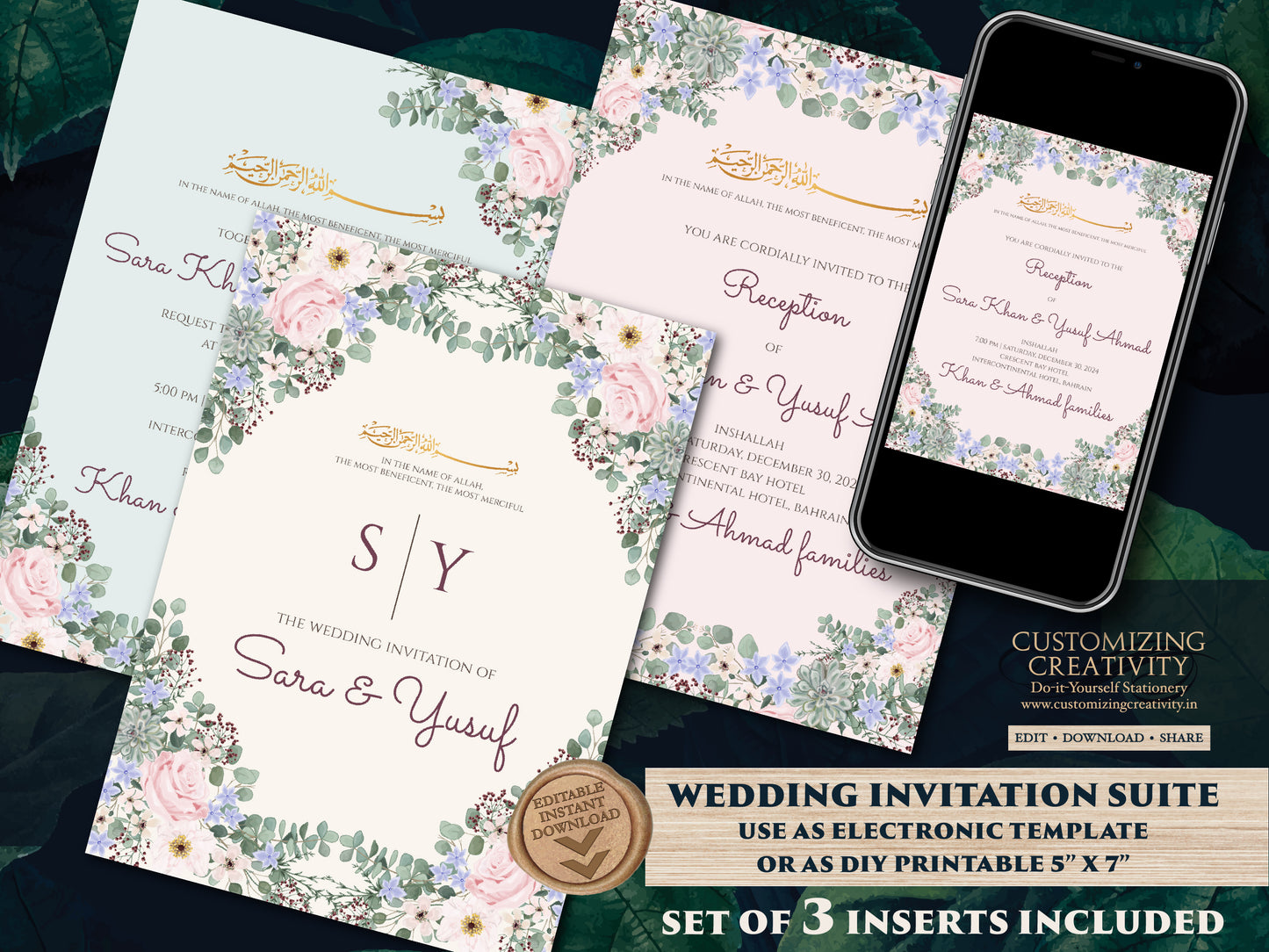 Digital Muslim Wedding Invitation Islamic, Nikkah invitation & Pakistani Wedding invite Muslim, Muslim wedding cards Islamic as Nikkah cards