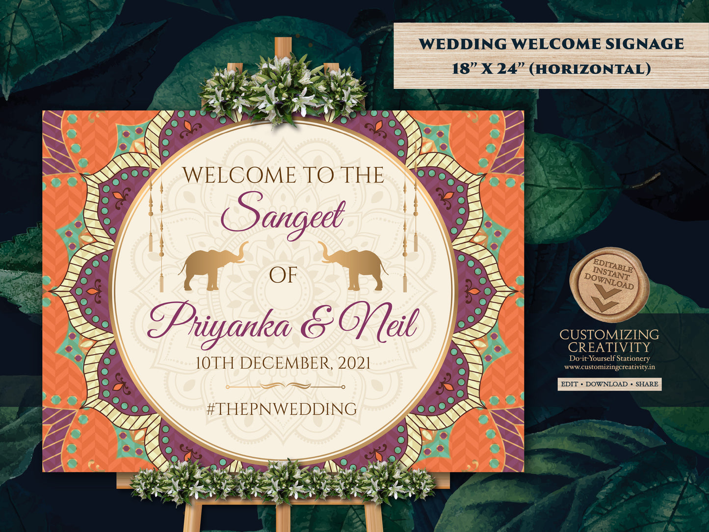 Indian Welcome Signs for Mandala Wedding sign, Elephant Welcome Sign as Wedding Sangeet Sign, Indian Wedding Sign template as Ladies Sangeet