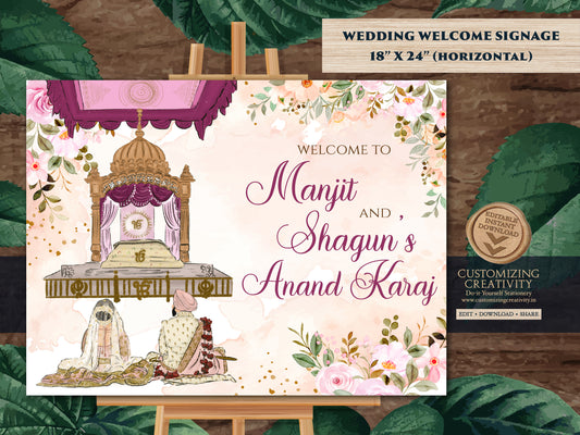 Anand Karaj Welcome Sign & Sikh Wedding Sign, Anand Karaj Signs as Punjabi Wedding Signs, Sikh Wedding Welcome sign as Punjabi Wedding Signs