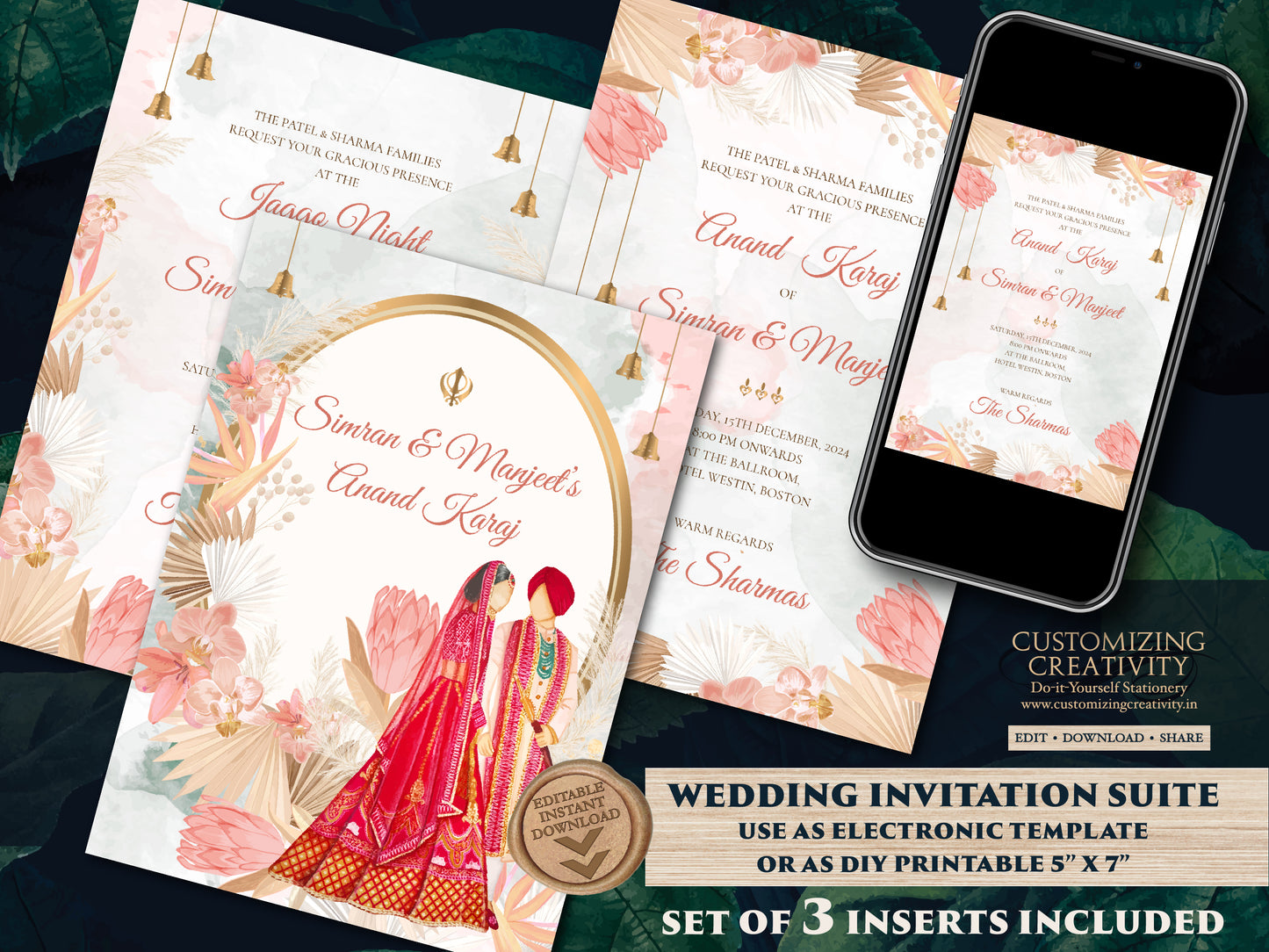 Sikh wedding card as Anand Karaj invitation, Sikh Wedding Invite Indian as Punjabi Wedding invite, Sikh invitations as Punjabi wedding card