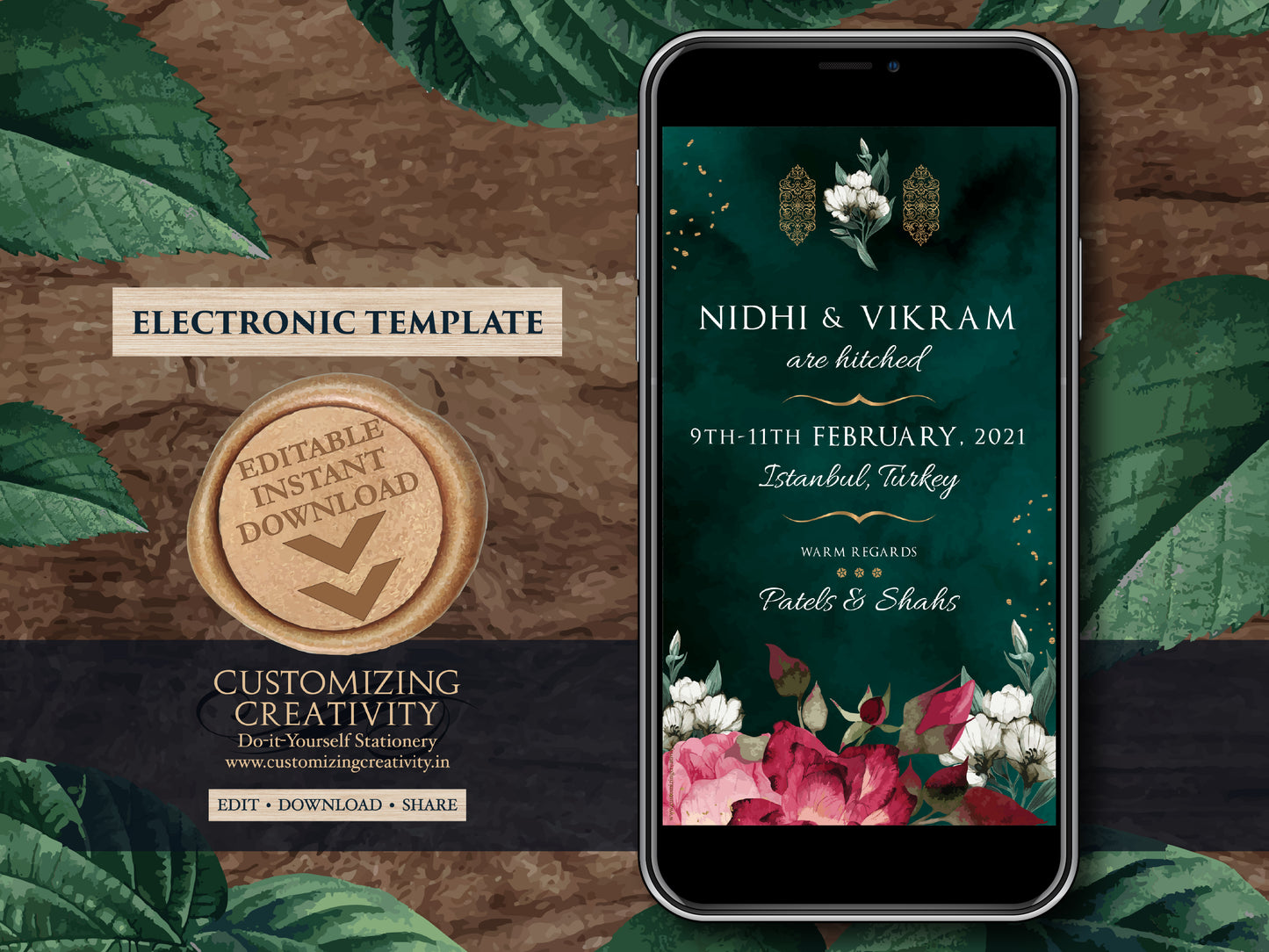 Emerald Green Save the date digital download, Emerald Save the Date Indian as Jewel tone Save the Date electronic, Hindu Save the Date DIY