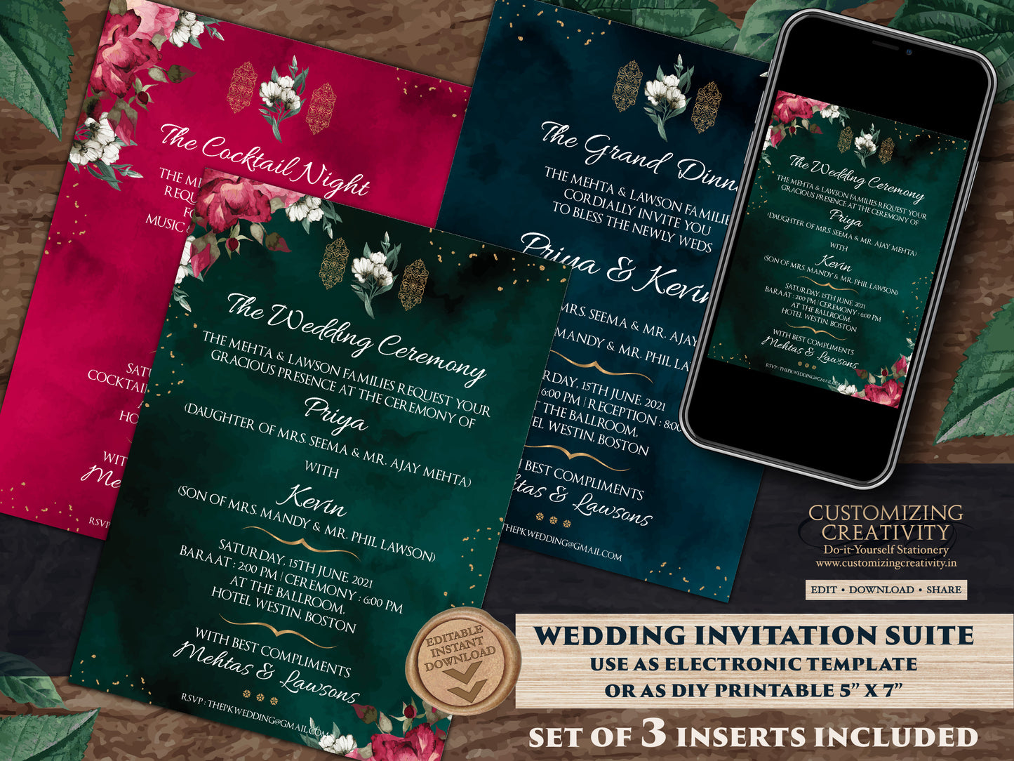 Emerald Green Wedding Invitation Card with Burgundy & Gold Invitation for a Royal Wedding, DIY Wedding templates with Navy Floral Wedding