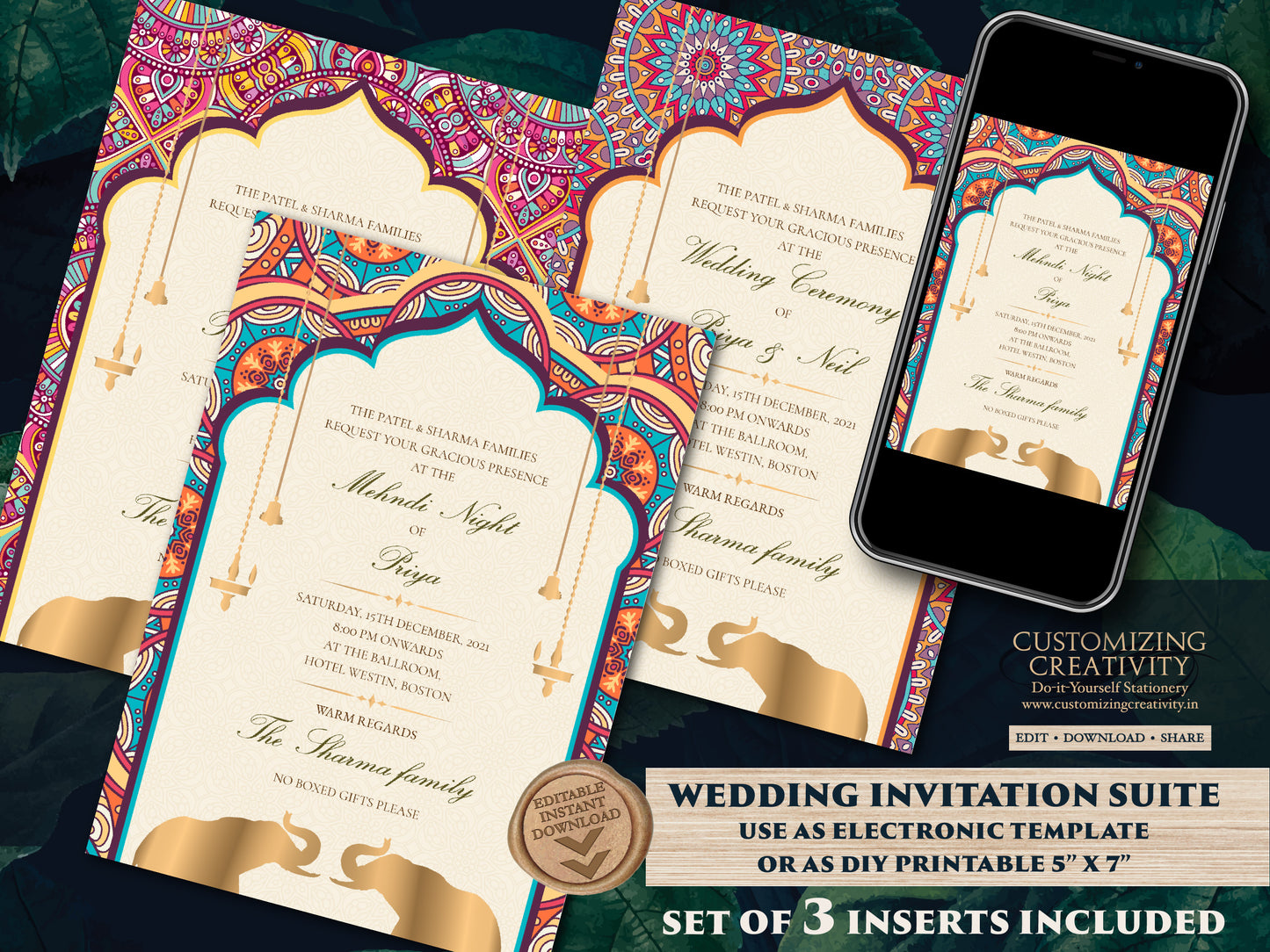 Elephant invitations Mandala as Indian invites Elephant, Indian Wedding cards as Elephant Wedding Invite Mandala, Invites Indian Elephants