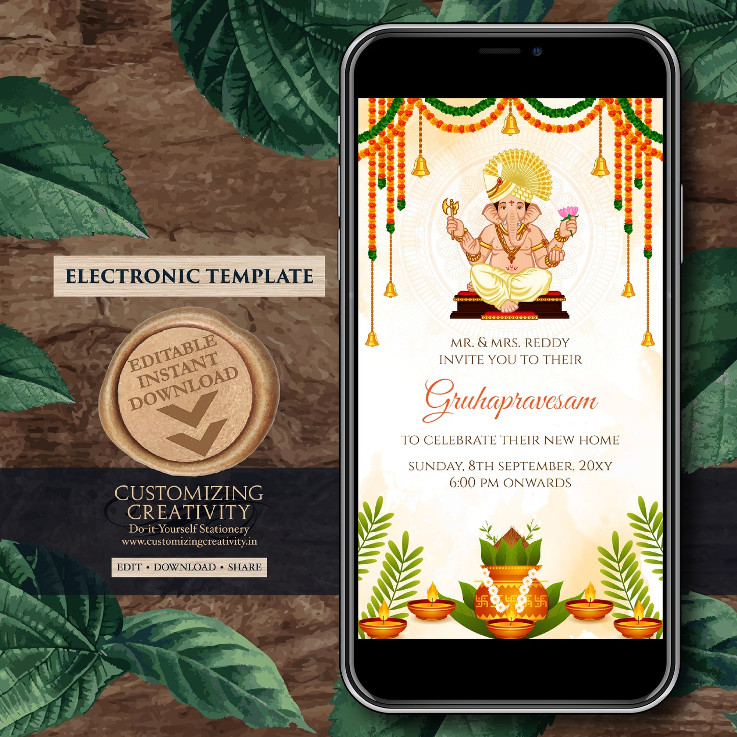 Digital Indian Housewarming invitation Gruhapravesam invite, Grihapravesh invite as Tamil Housewarming invite Telugu, Gruhapravesham invite