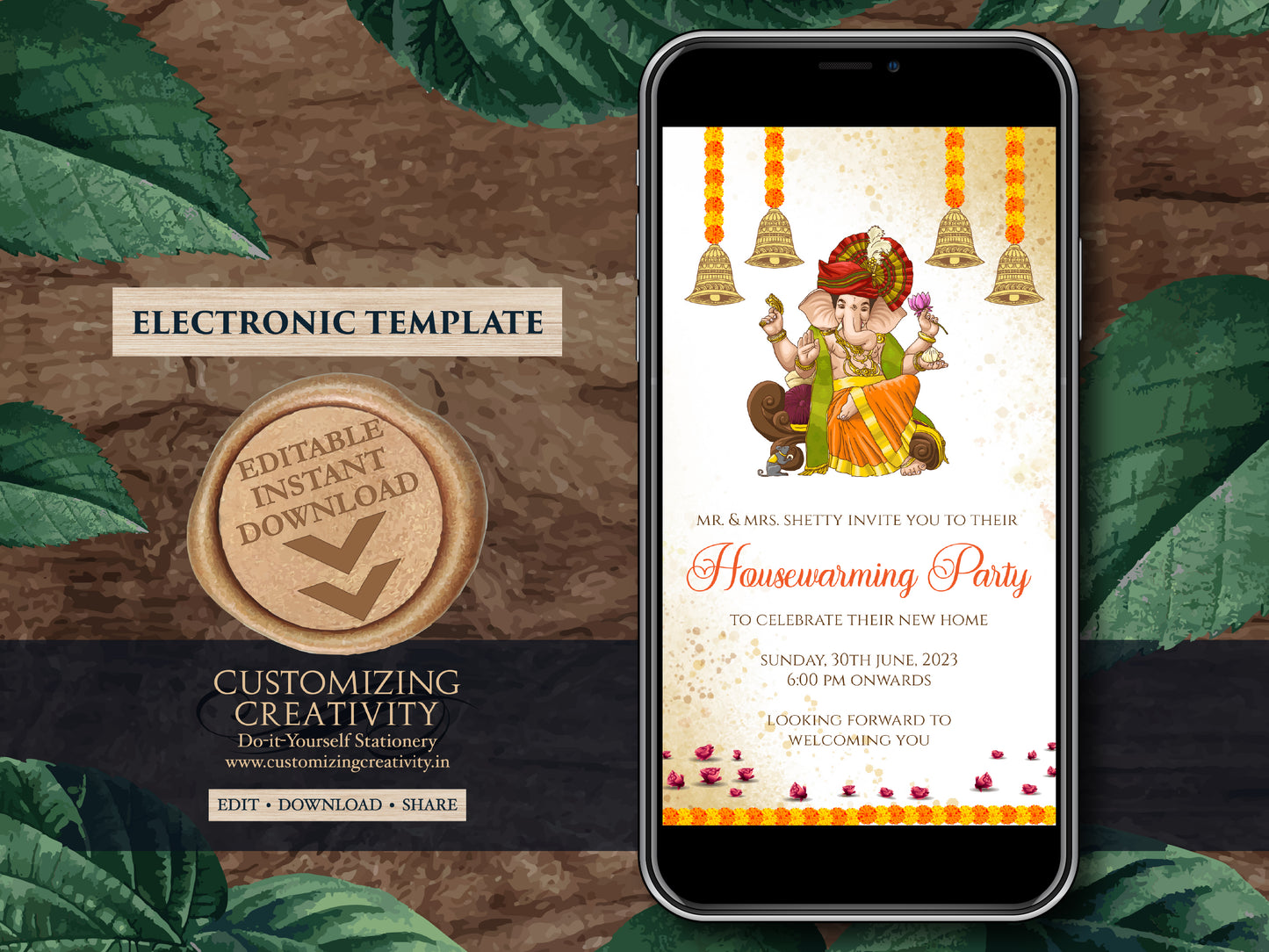 Ganesha invitations as Indian Housewarming invites as Ganesha invites as Digital Housewarming invitations, Indian Housewarming party invites