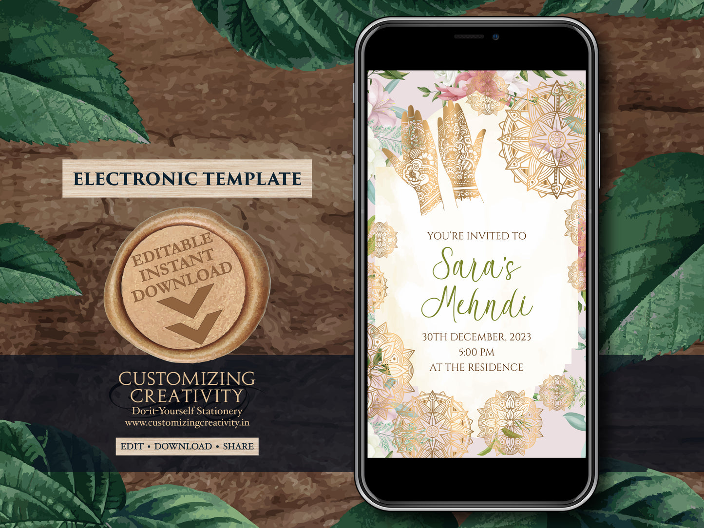 Mehndi invitations as Mendhi invites, Mehendi invitations as Henna Party invites Mehndi Invites, Mendhi Night invite & Digital Mehndi invite