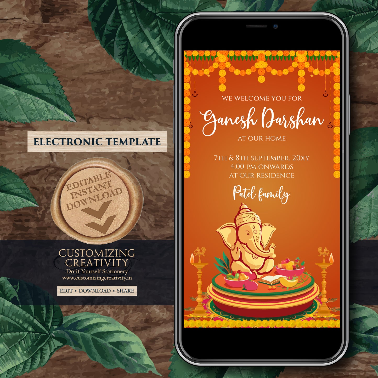 Ganesh invitations Digital Ganpati invites Ganesh Chaturthi card, Ganpati darshan invitation card Ganesh pooja invite as Ganpati invitations