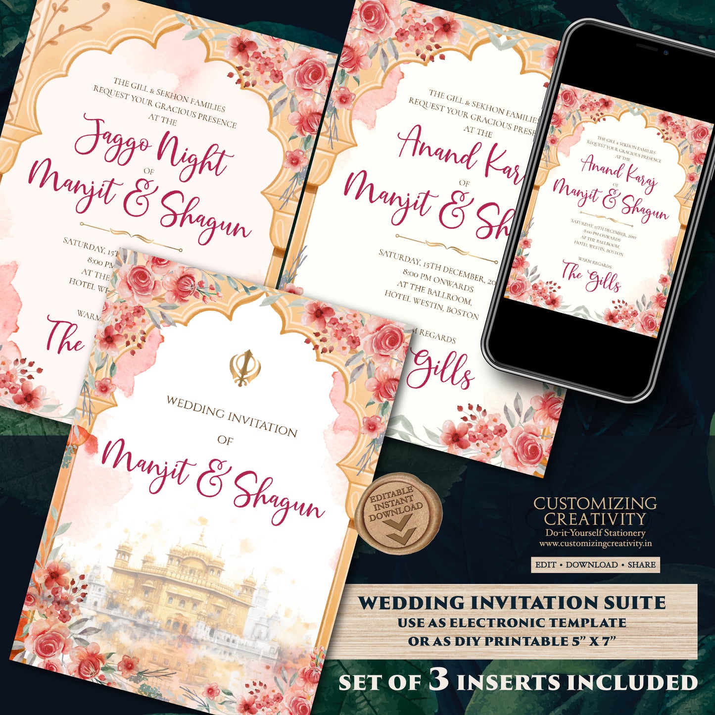 Digital Sikh Shaadi card Punjabi wedding invitation, Punjabi Wedding card & Sikh Wedding invitation, Indian wedding Anand Karaj invitation