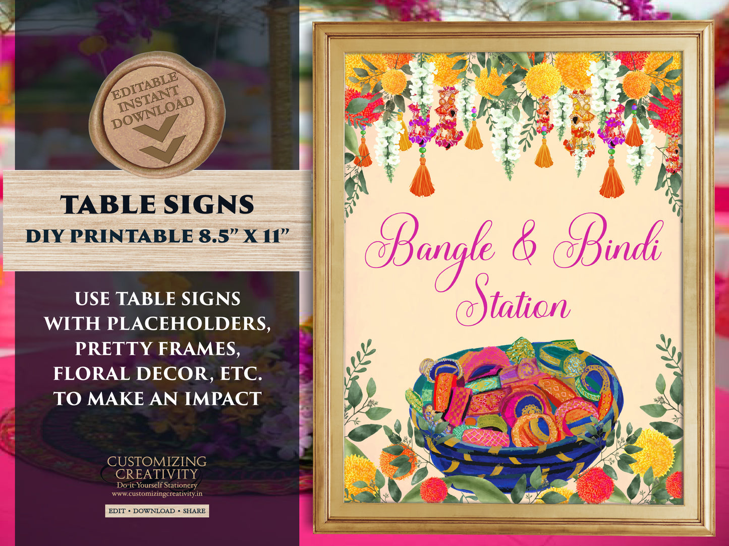 Bangle station signs Bindi Bar signs, Bindi station sign Bangle bar sign Mehndi decoration, Mehndi decor as Haldi decor & Food station sign