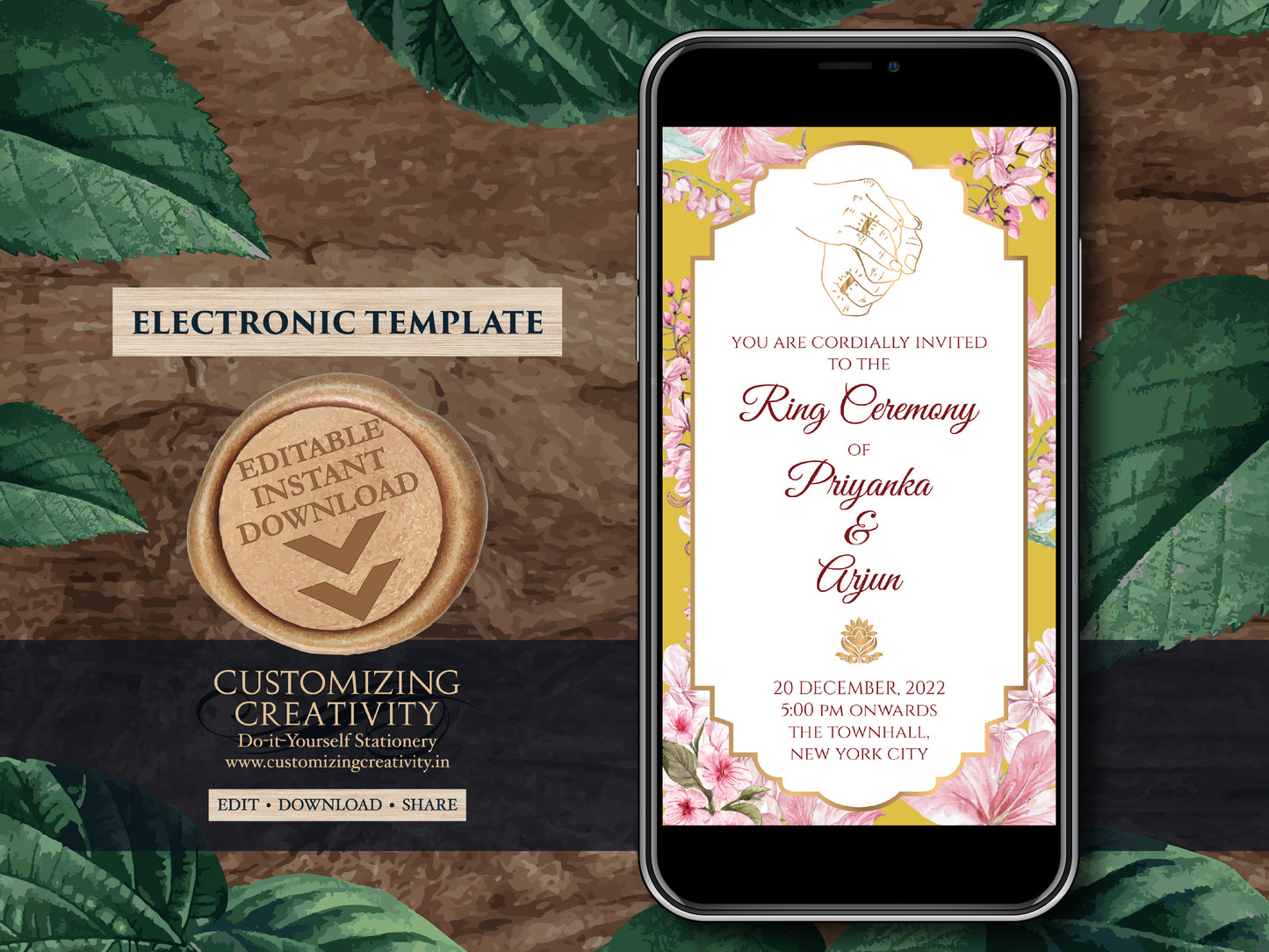 Floral Ring Ceremony Digital invite & Engagement invite template, WhatsApp Ring Ceremony card Digital as Summer Engagement invite Electronic