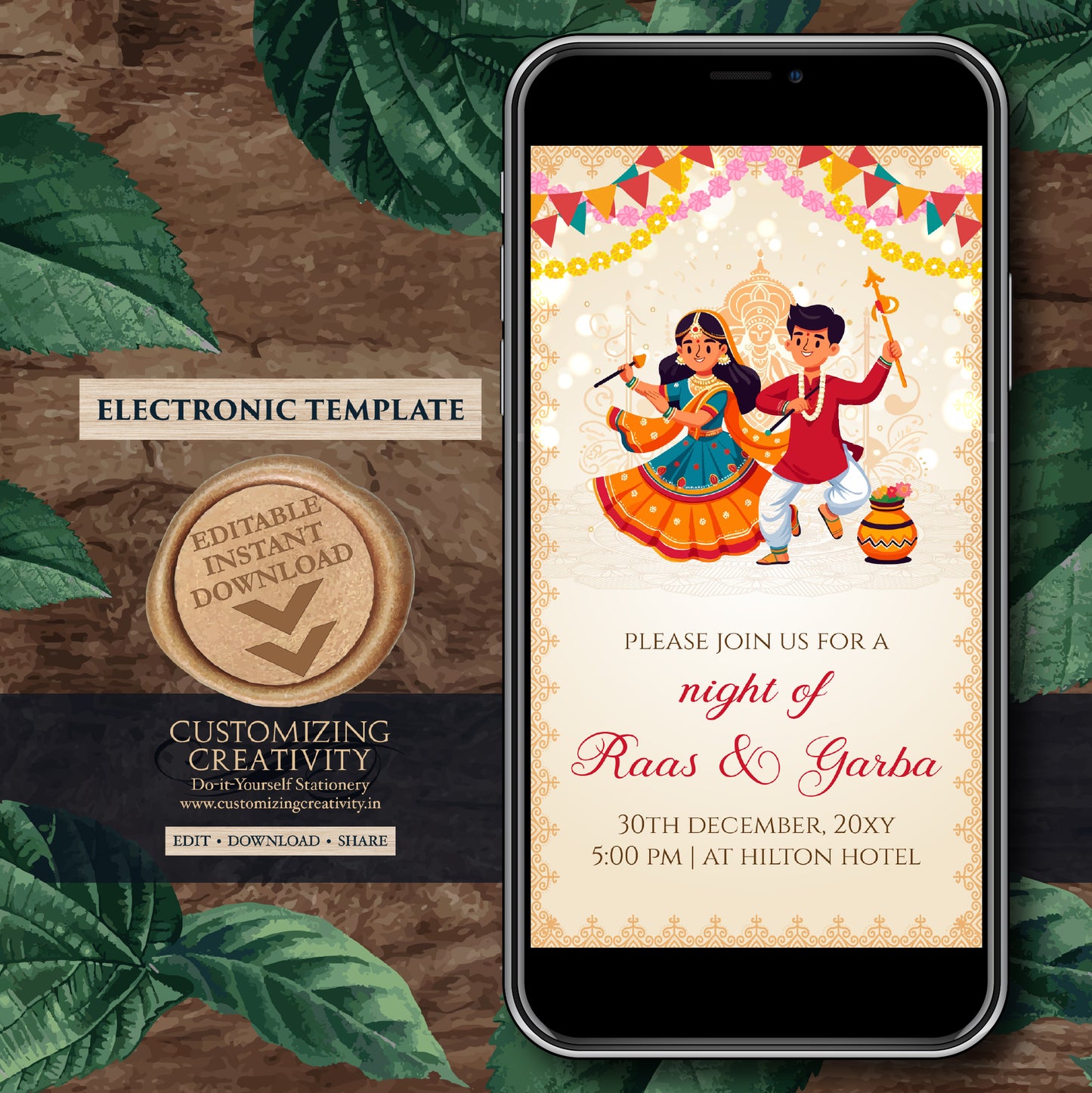 Raas Garba night invites Digital Dandiya invitation, Digital Raas Garba invitations Digital Navratri invites, Wedding Dandiya night invite