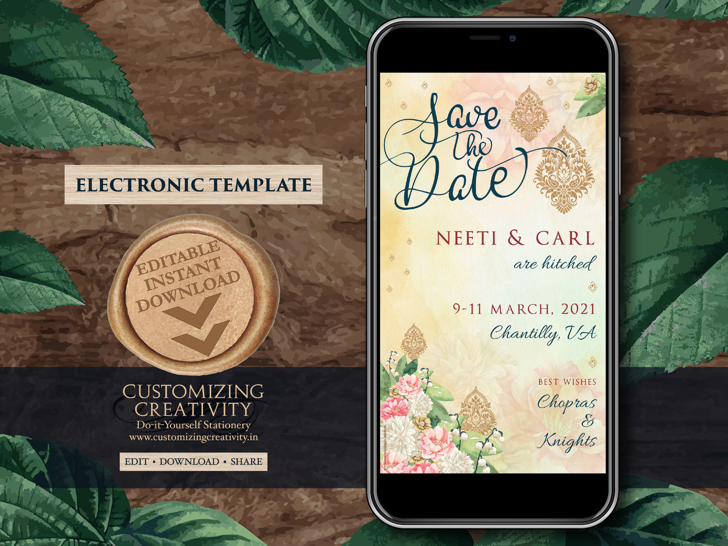 Indian Save the date Electronic as Hindu Save the Date Digital, Wedding Save the Date Floral & Desi Wedding Save the Date Whats App invite