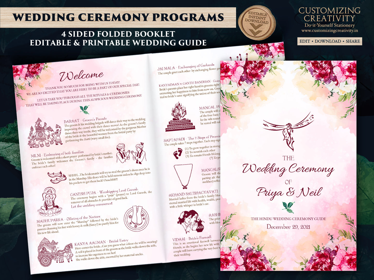 Hindu Ceremony program as Shaadi Program infographics Hindu wedding, Hindu Wedding Program as Indian Wedding Program printable Pheras guide