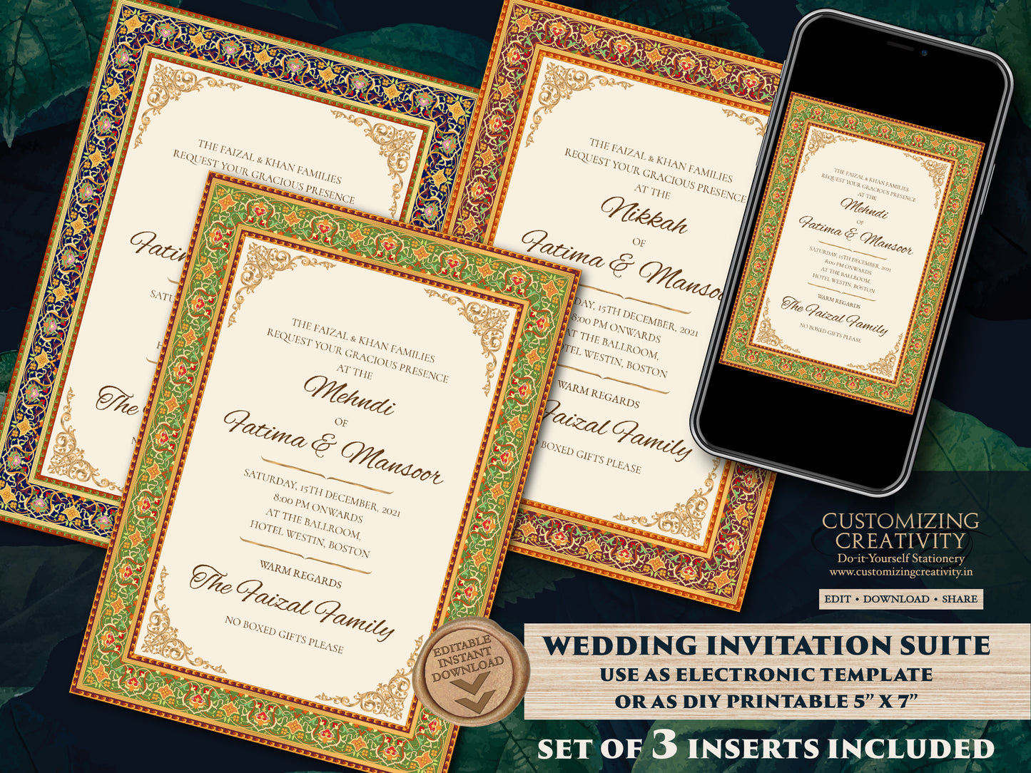 Muslim Wedding invitation as Arabic Wedding Shaadi Card, Nikkah invite, Nikah invitation as Arabic invite, Muslim invite as Mehndi invite