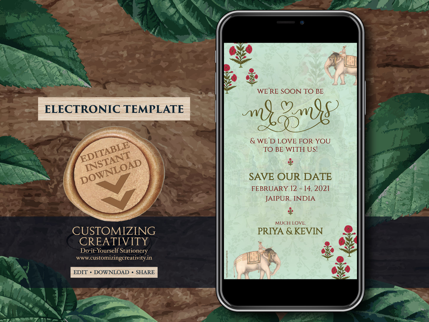Elephant Save the date as Indian Save the Date Mint green, Pastel Save the date Royal Elephant & Indian Digital Save the Date Indian Wedding