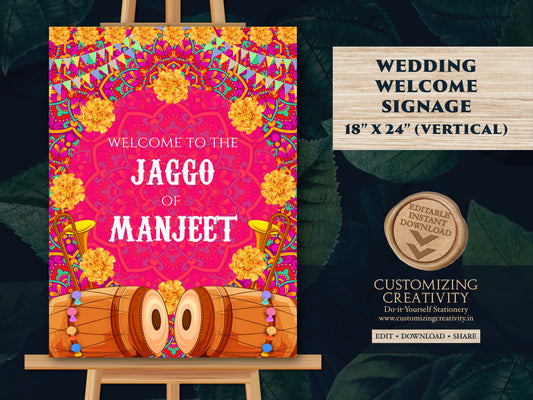 Jaggo Welcome sign as Jaggo sign, Jago Welcome Sign as Jago signs, Punjabi Wedding sign as Jaggo party sign, Welcome to Jaggo as Jago poster