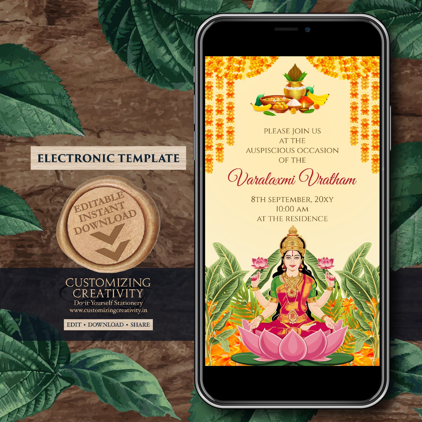 Digital Laxmi Pooja Invitation Varamahalakshmi Vratham Invite, Laxmi Puja invite & Lakshmi Puja Invitation, Digital Varalaxmi Pooja Invite