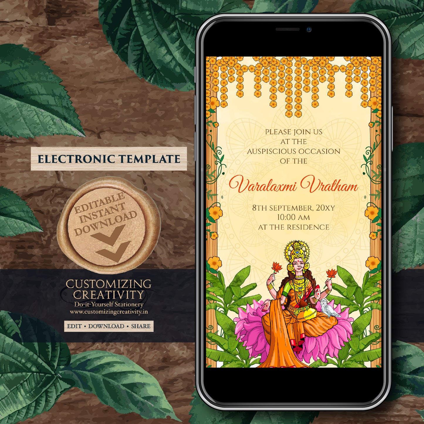 Digital Varalaxmi Pooja Invite Laxmi Puja Invitation, Varamahalakshmi Vratham Invitation as Laxmi Puja invite, Digital & Lakshmi Puja Invite