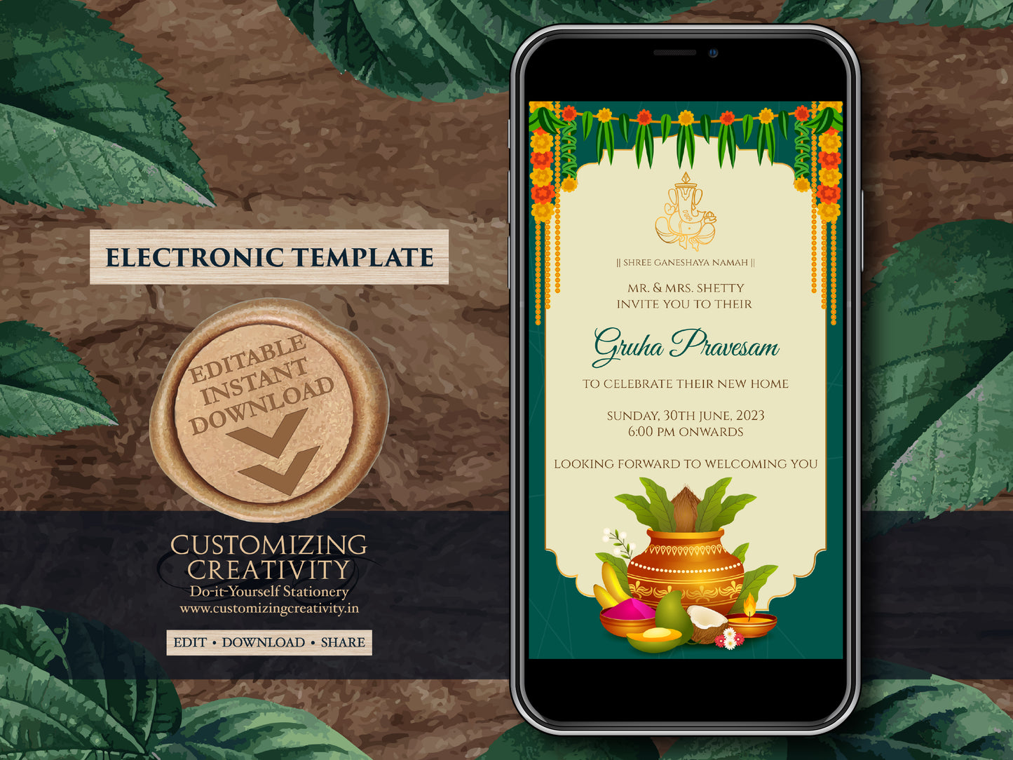 Gruha Pravesh invite as Pooja invitation, Gruha Pravesam invite & Grihapravesh invite, Indian Housewarming invitation as Housewarming invite