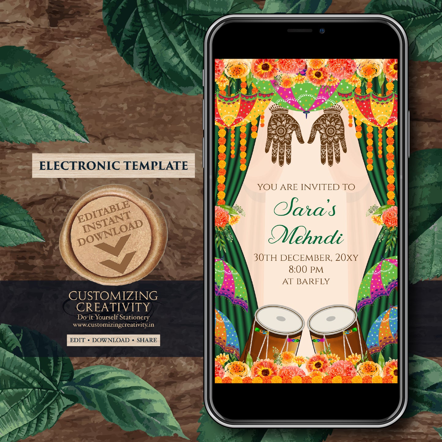 Digital Dholki invite Mehndi invitations, Mehendi invitation & Digital Mehndi invite, Mendhi Night invite as Dholki invitations Mehndi cards