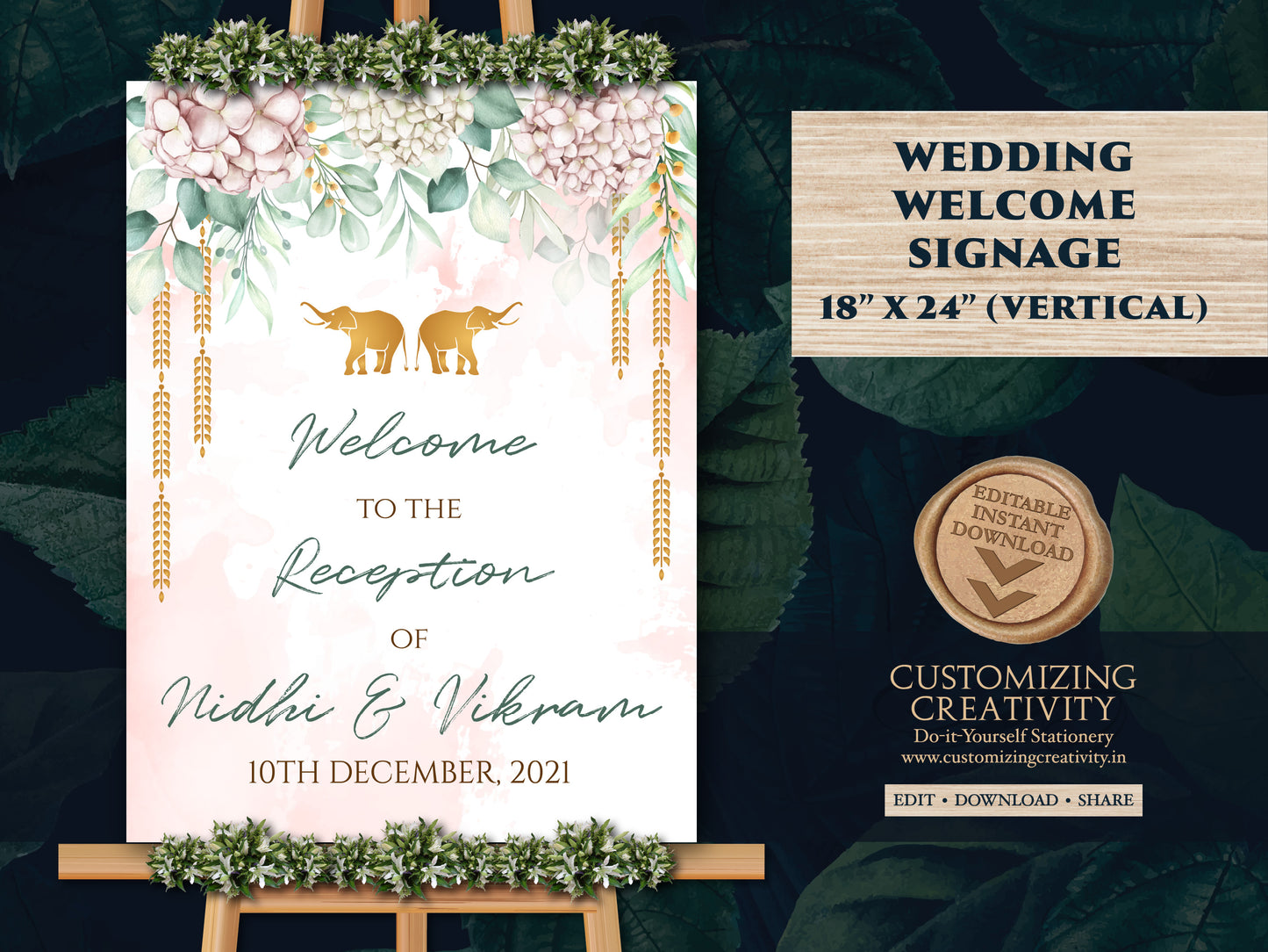 Reception Welcome Signs as Indian Wedding Welcome Sign Elephant, Reception sign Floral as Hindu Welcome Sign Pastel, Elephant Welcome Indian