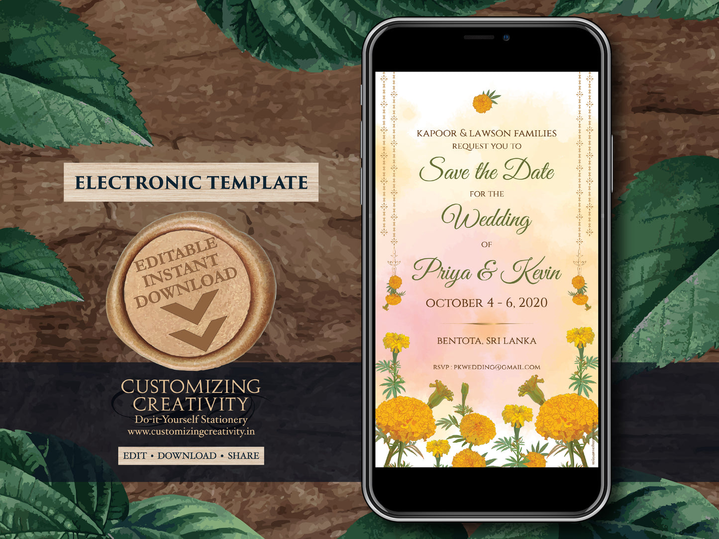 Marigold Save the date Electronic as Indian Save the Date Orange, Hindu Wedding Save the Date Genda Phool invite & WhatsApp Save the Dates