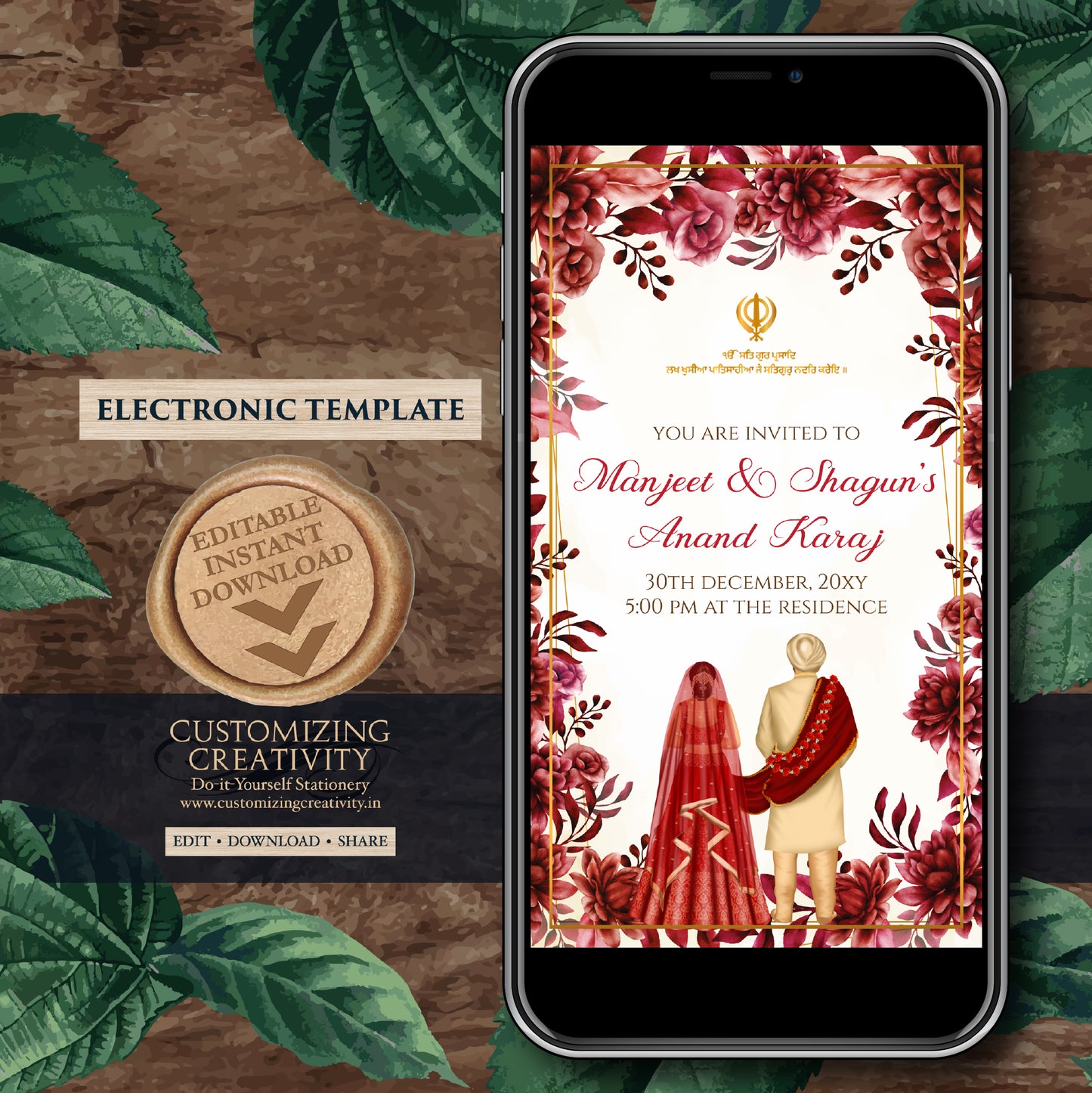 Anand Karaj invitations Digital Sikh Wedding cards, Digital Anand Karaj invitation Sikh invites, Sikh wedding invites as Punjabi invitations