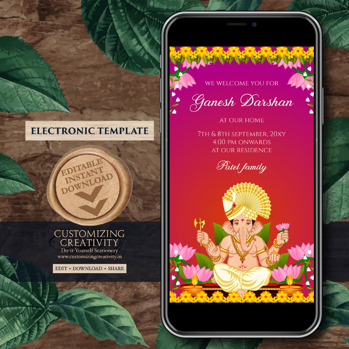 Digital Ganesh invitations Ganpati invites Ganesh Chaturthi card & Ganpati darshan invitation card Ganesh pooja invite as Ganpati invitation