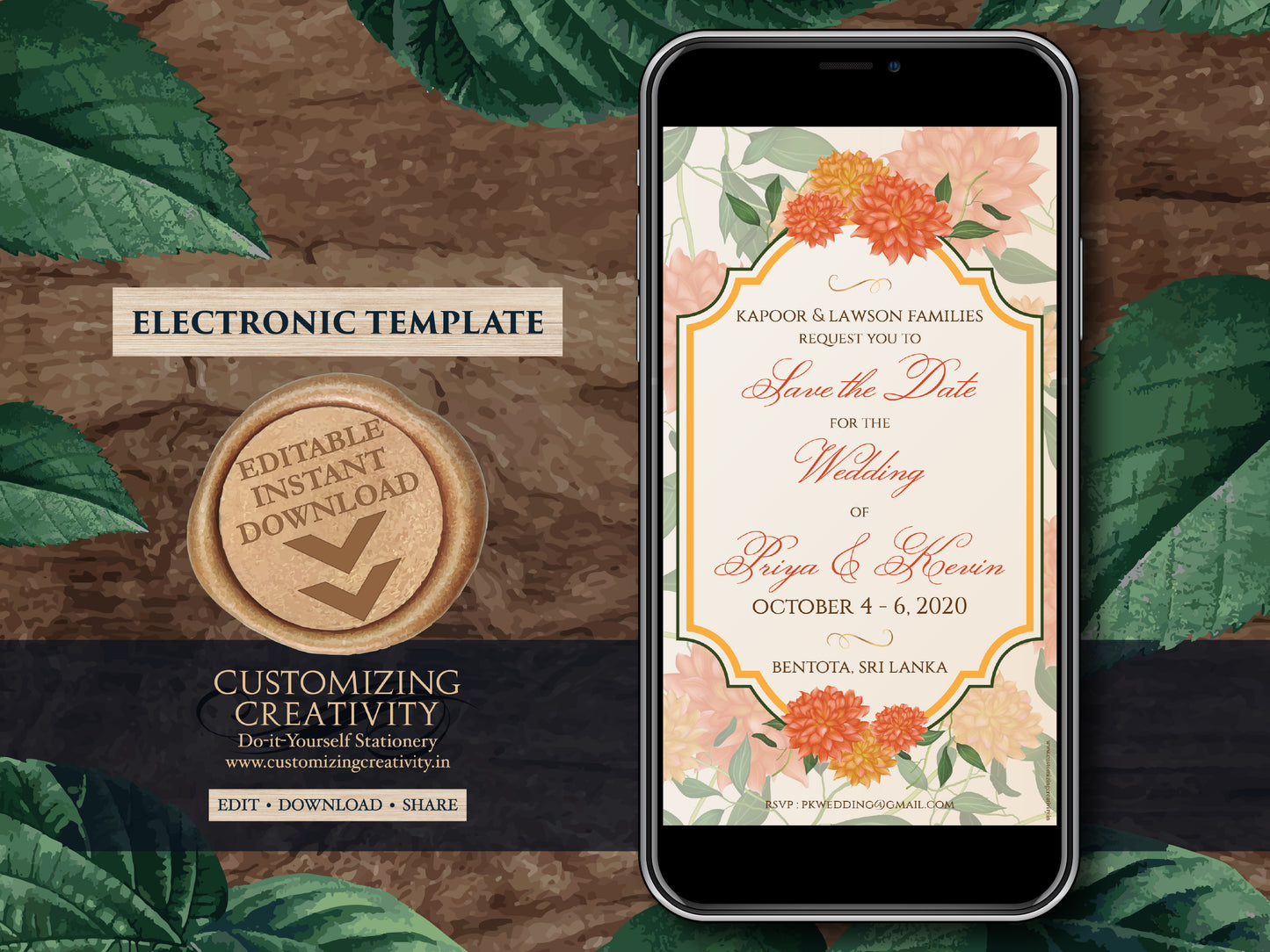 Marigold Save the date Orange as Indian Save the Date Digital, Electronic Save the Date Hindu & Traditional Save the Date Desi Wedding DIY