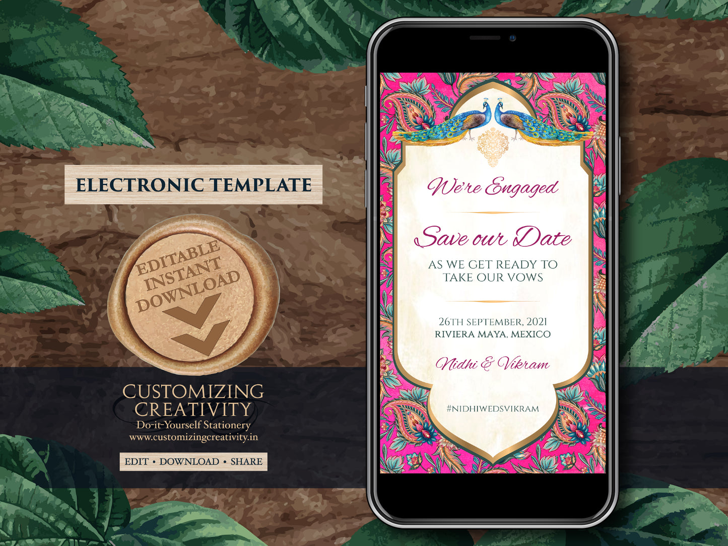 Save the date template digital download for your Boho Indian Theme Wedding Invitation Card with Peacocks, Paisleys & flowers in Fuchsia pink