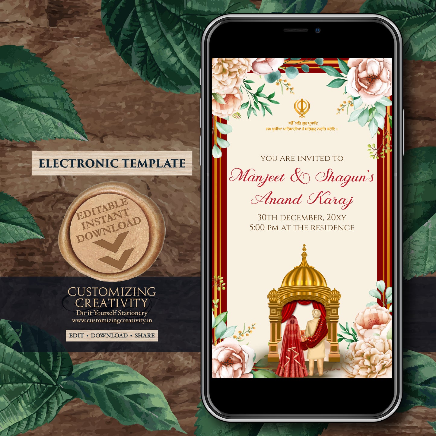Digital Anand Karaj invitation Sikh invites, Anand Karaj invitations Digital Sikh Wedding cards, Sikh wedding invites as Punjabi invitations