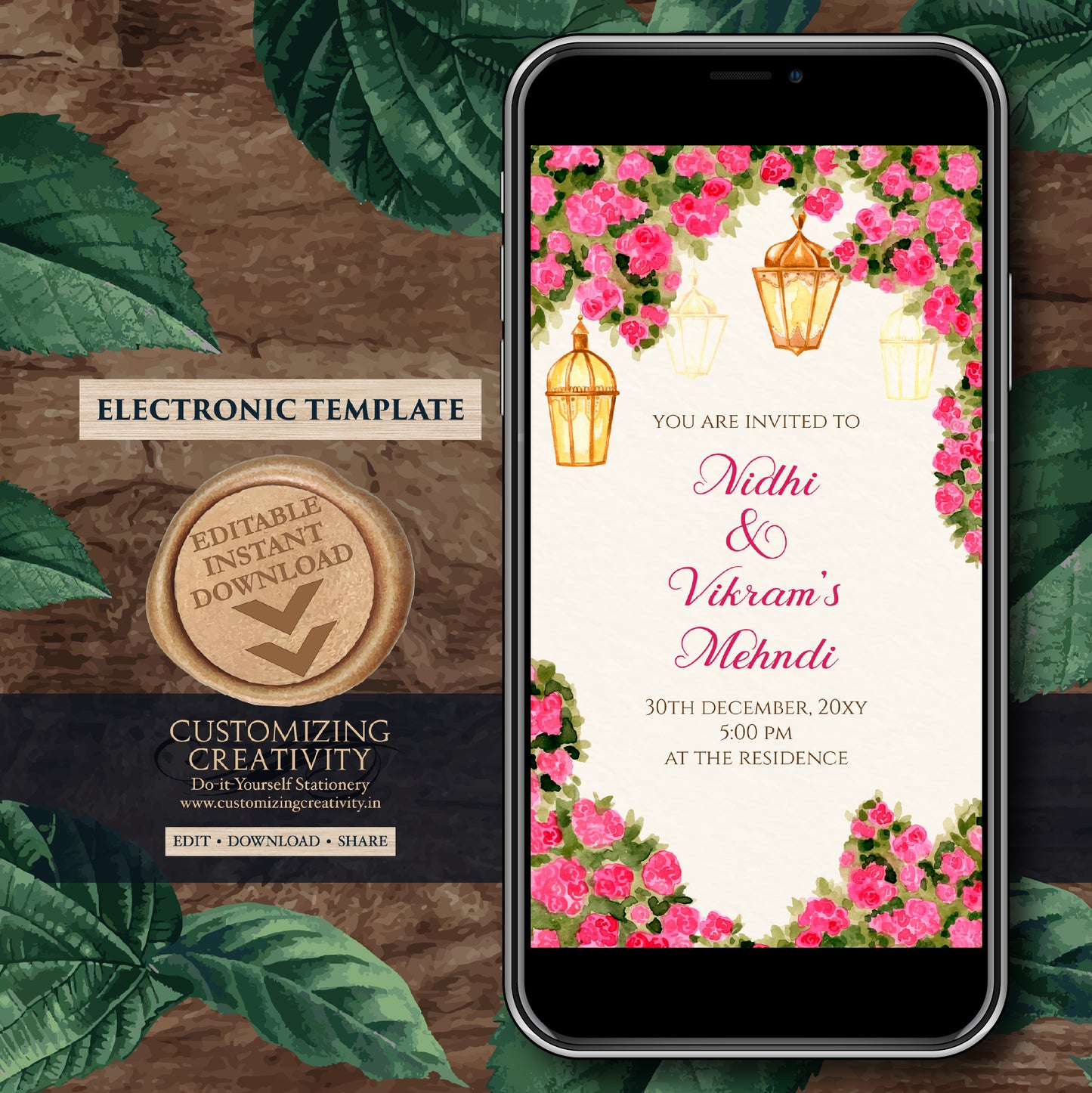 Mehendi invitation & Digital Mehndi invite, Dholki invitations Mendhi Night invite, Mehndi invitations Digital Dholki invite as Mehndi cards