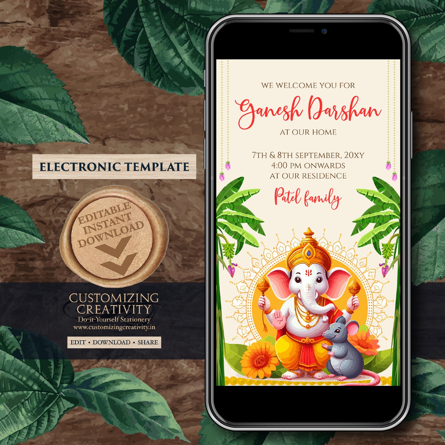Digital Ganpati invites Ganesh invitations Ganesh Chaturthi card, Ganpati darshan invitation card Ganesh pooja invite as Ganpati invitations