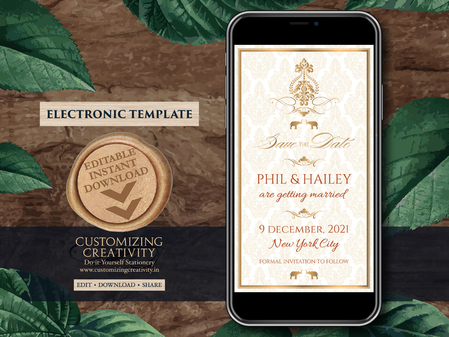 Gold Save the date Invite & Wedding Save the date template Hindu, Baroque Save the date Elephant as Indian Save the Date Digital invitations