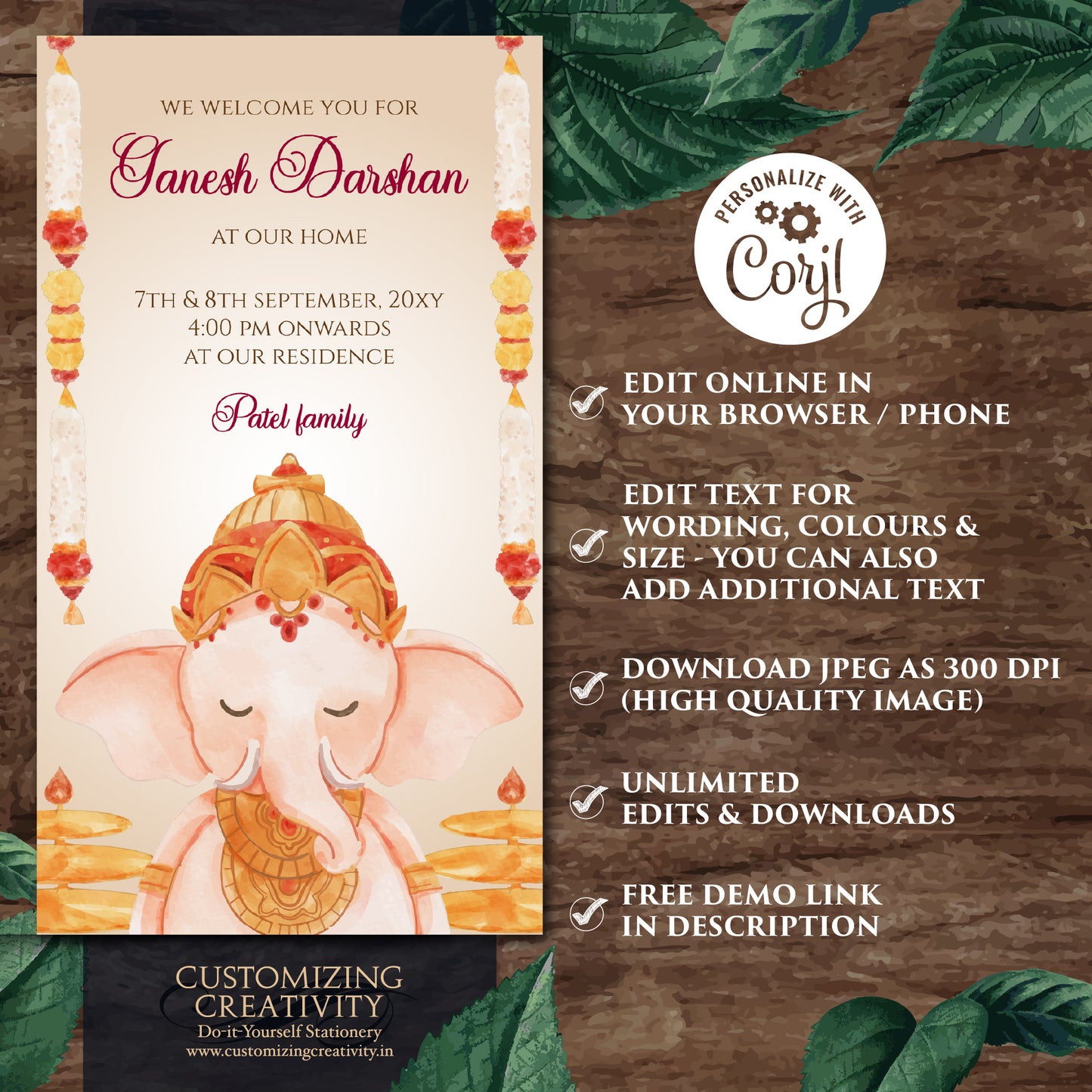 Ganesh Chaturthi card Digital Ganpati invites Ganesh invitations, Ganpati darshan invitation card Ganesh pooja invite as Ganpati invitations