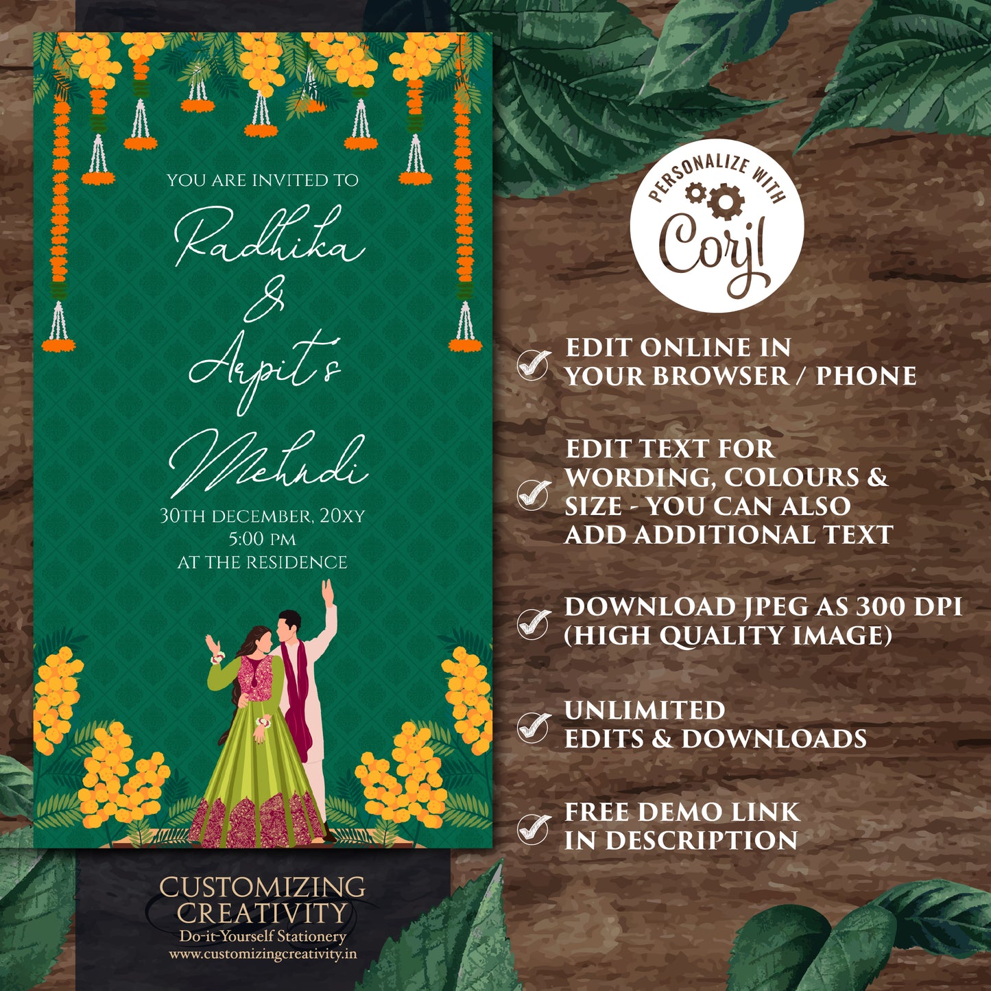 Mehendi invitation Digital Mehndi invite, Dholki invitation & Digital Mehndi invitation, Mendhi Night invite as Dholki invites Mehndi cards