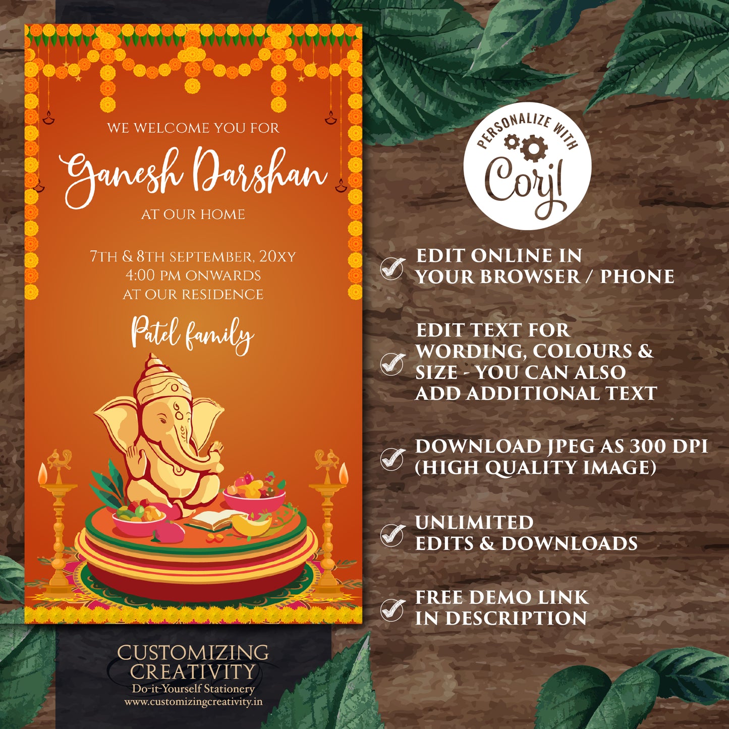 Ganesh invitations Digital Ganpati invites Ganesh Chaturthi card, Ganpati darshan invitation card Ganesh pooja invite as Ganpati invitations