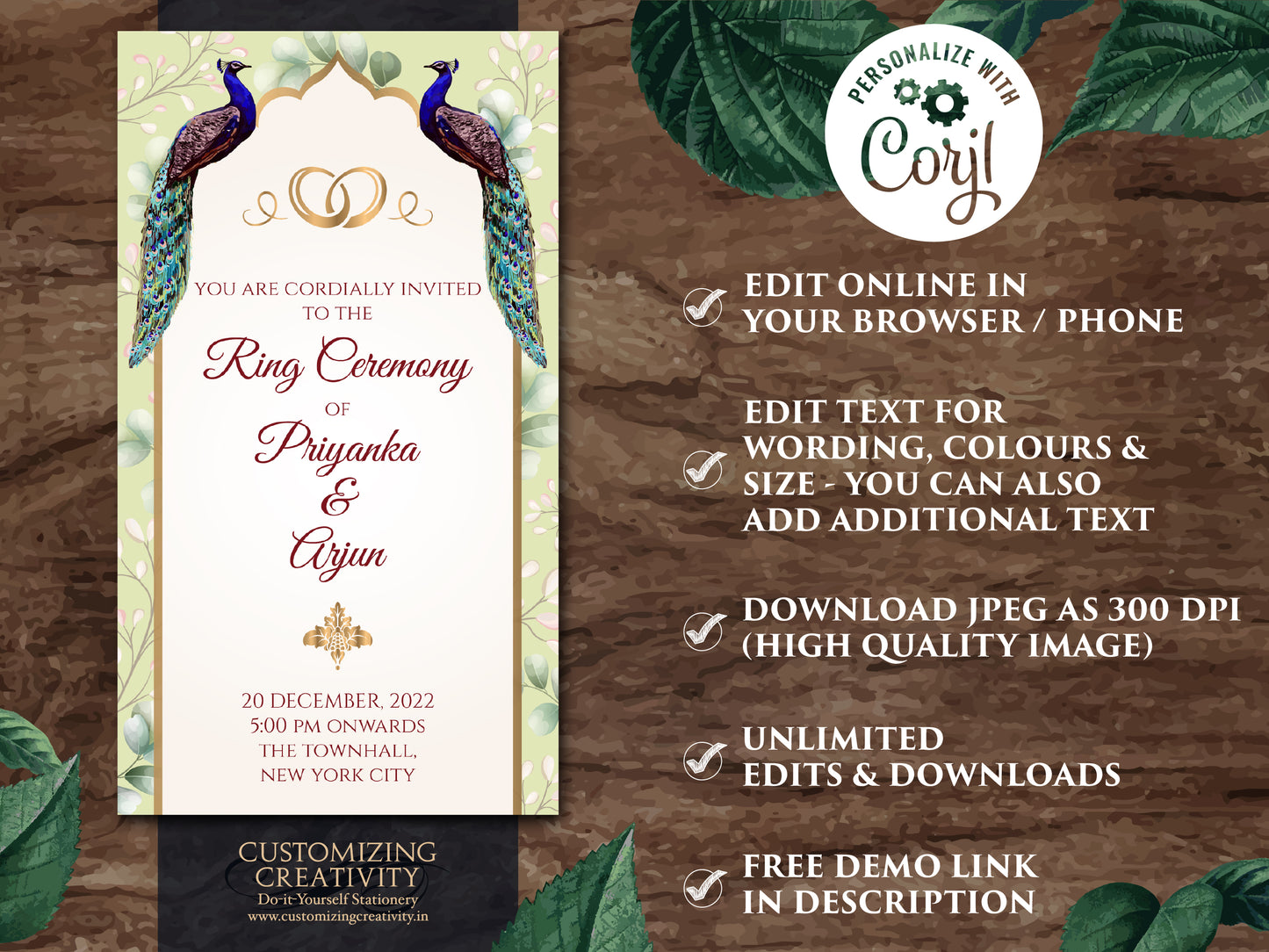 Electronic Engagement invitation Peacock as Ring Ceremony cards Digital, Digital Ring Ceremony invites & Indian Engagement cards Peacock
