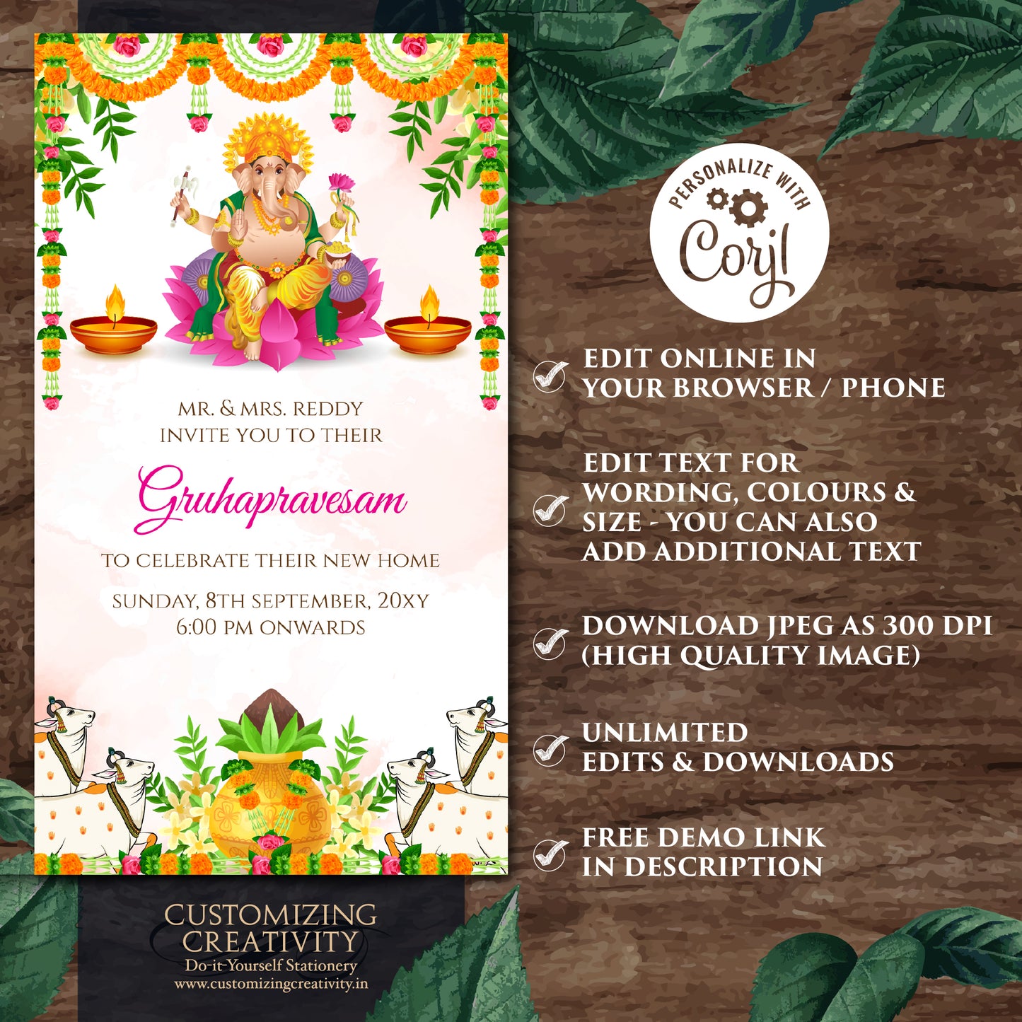 Digital Gruhapravesam invite Indian Housewarming invitation, Grihapravesh invite as Tamil Housewarming invite Telugu, Gruhapravesham invite