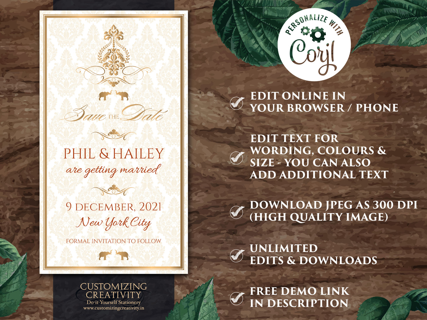 Gold Save the date Invite & Wedding Save the date template Hindu, Baroque Save the date Elephant as Indian Save the Date Digital invitations
