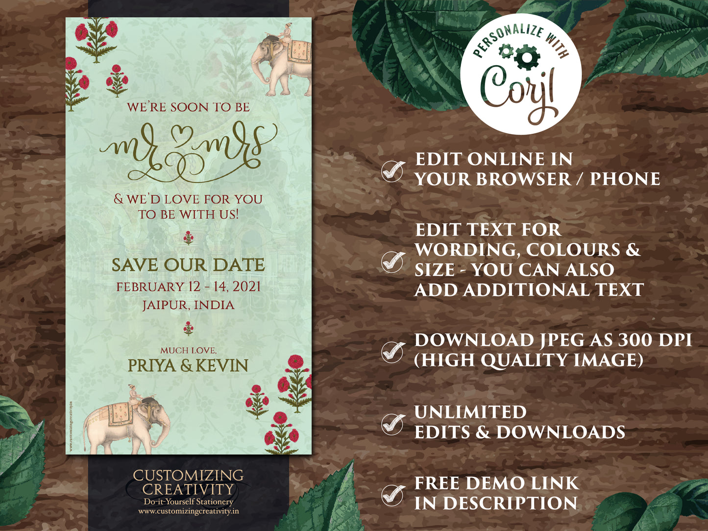 Elephant Save the date as Indian Save the Date Mint green, Pastel Save the date Royal Elephant & Indian Digital Save the Date Indian Wedding
