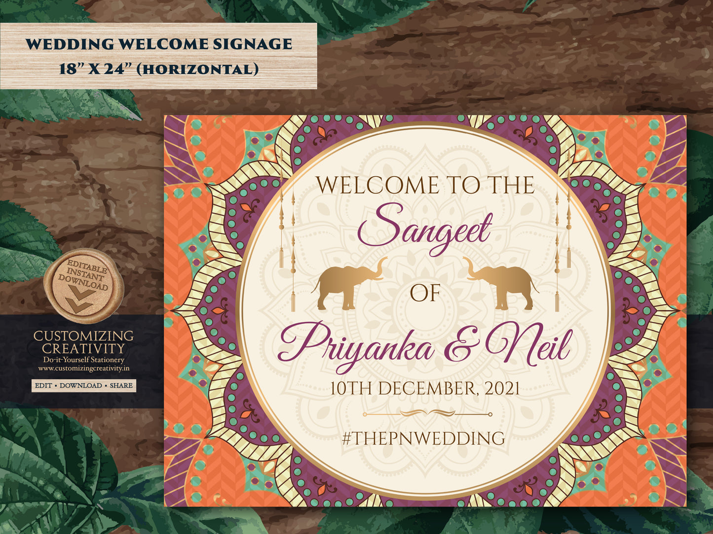 Indian Welcome Signs for Mandala Wedding sign, Elephant Welcome Sign as Wedding Sangeet Sign, Indian Wedding Sign template as Ladies Sangeet